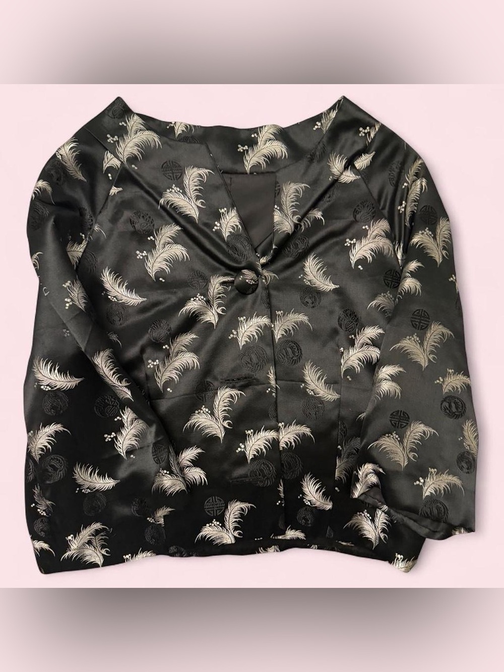 Women's Black Satin Feather-Print Kimono Top